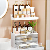 StorBin 3-drawer bathroom counter organizer top view showing organized skincare and perfumes