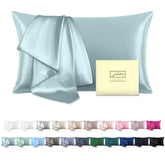 Suatien mulberry silk pillowcase in haze blue for queen size, smooths hair and skin.