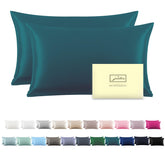 Suatien silk pillowcase teal 20x26 two-pack on a bed for smooth hair and skin