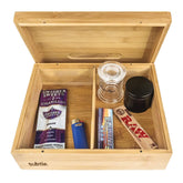 Subtle rolling tray stash box with lid open, ideal for discreet organization on the go.
