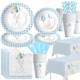 Suhelkit One Silly Goose 9-inch plates for a blue birthday, quick party setup.