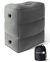 Sunany inflatable foot rest pillow in airplane setup offering compact comfort.