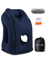 Sunany travel pillow inflatable neck blue with eye mask for plane comfort.