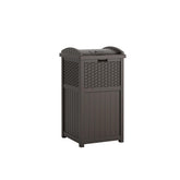 Suncast 33-gallon hideaway trash can with wicker design enhances patio aesthetics.