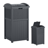 Suncast 33-gallon wicker-front-view trash can with secure latch deterring pests.