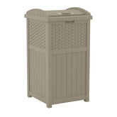 Suncast Hideaway trash can with the lid closed for concealed outdoor waste.