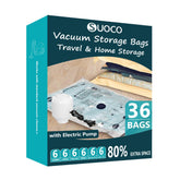 SUOCO vacuum seal bags showing space-saving travel packing with electric pump.