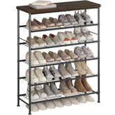 SUOERNUO six-tier shoe rack in black metal for organized closet storage.