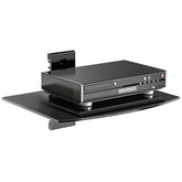Suptek Glass Floating Shelf front view for a sleek TV setup and organized media storage.