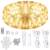 SURNIE LED rope lights illuminate patios and trees with warm white glow.
