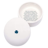 Susabella round keepsake box with shamrock top for baptism keepsake