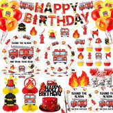 Suzkoqo Fire Truck banner elevates the party entrance with bright firefighter-themed flair.