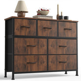 Sweetcrispy 7-drawer dresser with rustic brown wood top provides durable storage for small spaces.