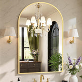 Sweetcrispy arched gold mirror over sink offers clear grooming reflection.