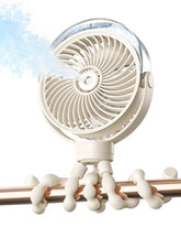 SWEETFULL Misting Stroller Fan beige beside a stroller for on-the-go cooling.