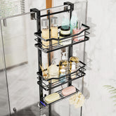 SWTYMIKI over-the-door shower caddy mounted on a bathroom door for quick access.