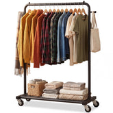 Sywhitta clothing rack on wheels with mesh shelf for organized wardrobe space