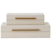 SYYSY beige shagreen box with gold handle; ideal jewelry organizer on a dresser.