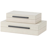 SYYSY beige shagreen storage boxes in front view, elegant organization for jewelry and keepsakes.