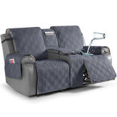 TAOCOCO loveseat recliner cover with console close-up shows secure fit and waterproof layer.