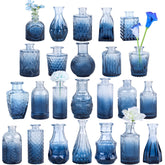 TBWIND blue glass bud vase set with six etched designs for elegant centerpieces.