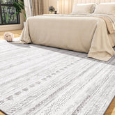 Tchdio 5x7 rug in living room setup with neutral grey Moroccan boho pattern for versatile spaces.
