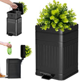 Tegneo plant-styled trash can with lid blends with outdoor décor while disposing waste.
