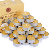 TELOSMA natural beeswax tea candle in metal cup packaged for gifting.