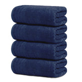 Tens Towels four-pack navy towels ready for bath use.