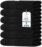 TexCraft bath towel set six-pack in black, folded, 24x48 inches.