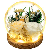TGELATA preserved roses with owl decor on a wooden base for lasting elegance.