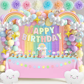 THAWAY pastel rainbow tablecloth adds a soft background for celebrations