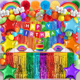 THAWAY rainbow foil fringe curtains create a vibrant party backdrop that grabs attention.