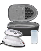 The Quilted Bear premium mini steam iron shown with compact design for on-the-go quilting.