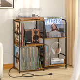 ThreeHio record player stand with power outlets and LED light for convenient charging and ambiance.