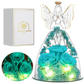 Tiaronics Mothers Day rose inside a glass angel figurine, a lasting keepsake for mom.