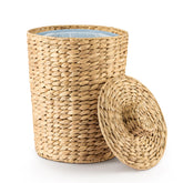 Tidita water hyacinth waste basket with lid showing natural weave for bathroom organization