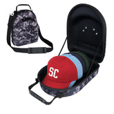 TimberAura camo hat case close-up showing crush-proof shell protecting caps during travel.
