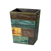 TIMRIS wooden waste can front view shows distressed boho finish for rustic charm