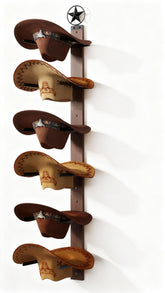 TIPSYTREE cowboy hat rack on wall with rustic wood and metal hooks for organized display.