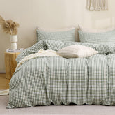 TOCOMOA green gingham duvet cover queen showcasing breathable, linen-like texture.