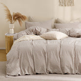 TOCOMOA Tan Gingham pattern closeup showing warm plaid for a cozy rustic bedroom.