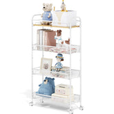 TOOLF 4-Tier Slim Rolling Cart with wooden tabletop, ideal for compact kitchens.