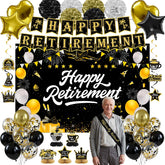 Toosci happy retirement banner adds festive black and gold flair.