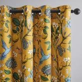 Topfinel mustard yellow curtains with hummingbird pattern for whimsical living room privacy and light diffusion.