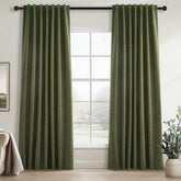 Topfinel olive green linen blackout curtain close-up showing textured weave for natural room darkening.
