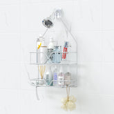 TreeLen rustproof shower caddy mounted over the shower arm for easy reach.