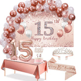 Trgowaul rose gold arch backdrop for a festive 15th birthday photo setup