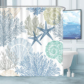 Tritard nautical coastal shower curtain with starfish and seashells for a fresh bathroom look.