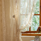 TUDECO beige lace curtains, 84-inch panels, rod-pocket setup for easy hanging and soft light diffusion.